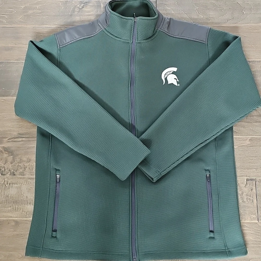 Michigan State Green & Gray Full-Zip Knit Jacket -  White Embroidered Logo  Sz L